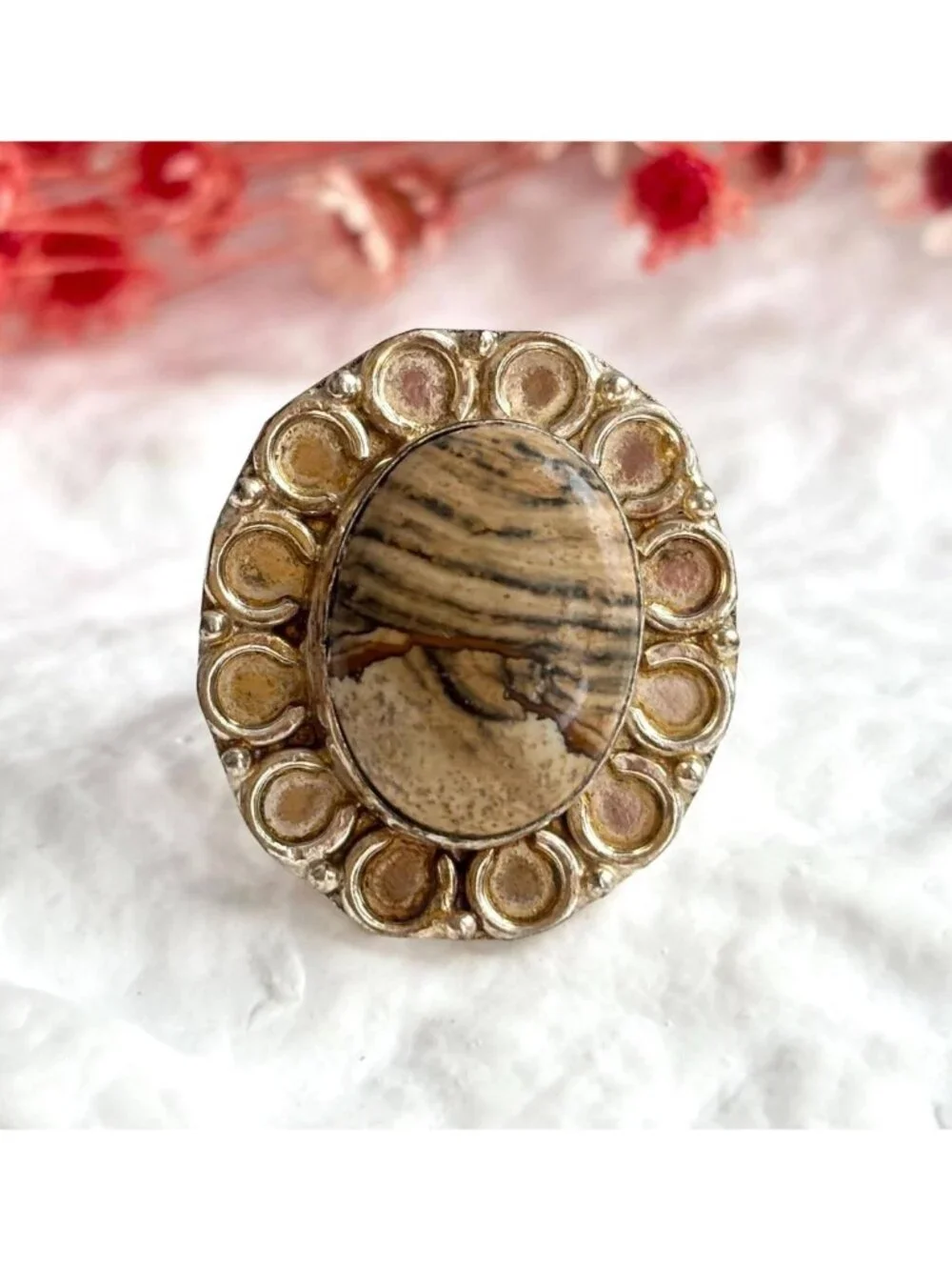 Banded Brown Agate Cabochon Scalloped Sterling Silver 925 Vintage Ring - sz 9